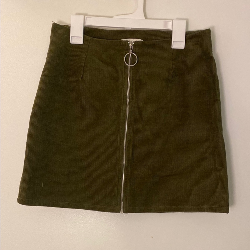 Olive Green Corduroy Front Zip Mini Skirt